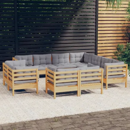 Salon de jardin 11 pcs avec coussins gris Bois de pin solide