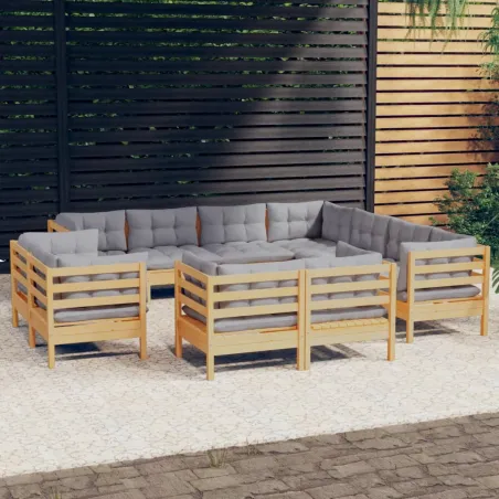 Salon de jardin 11 pcs avec coussins gris Bois de pin solide