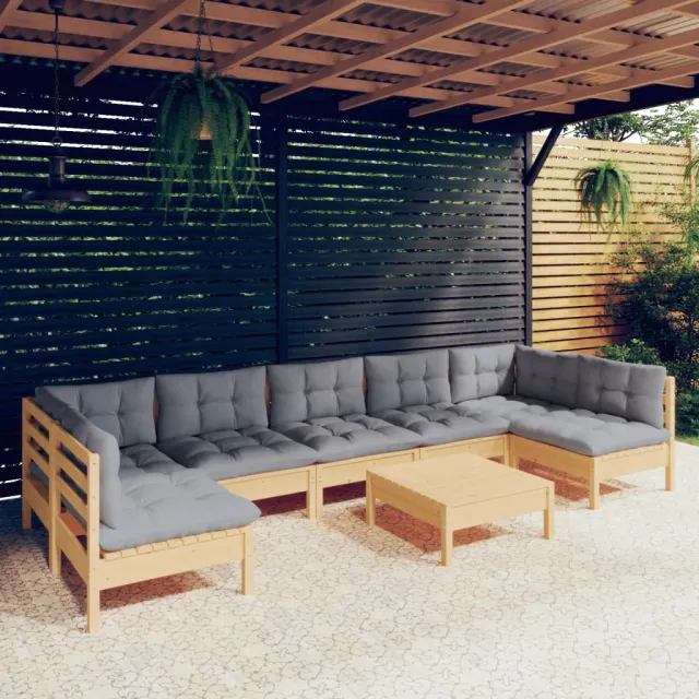 Salon de jardin 8 pcs avec coussins gris Bois de pin massif