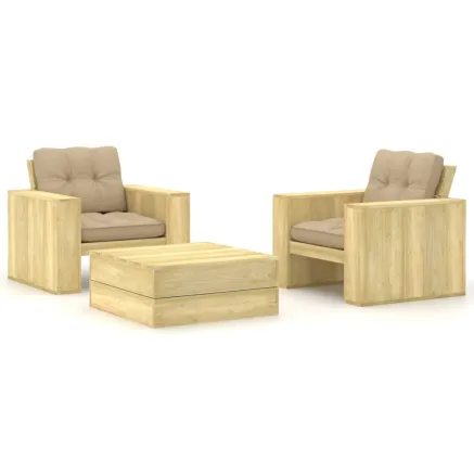 Salon de jardin 3 pcs avec coussins bois de pin imprégné