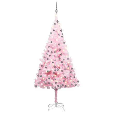 Arbre de Noël artificiel pré-éclairé et boules rose 210 cm PVC