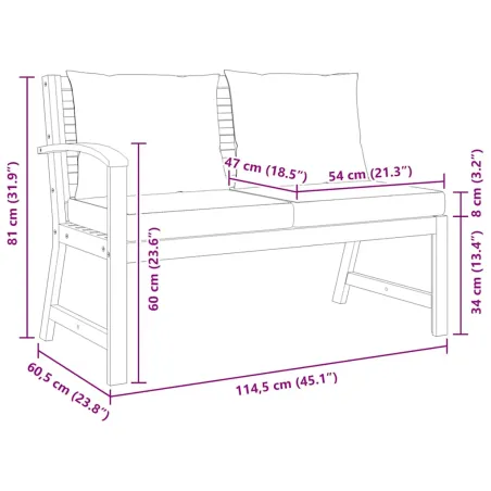 Banc de jardin 114,5 cm avec coussin crème Bois solide d'acacia