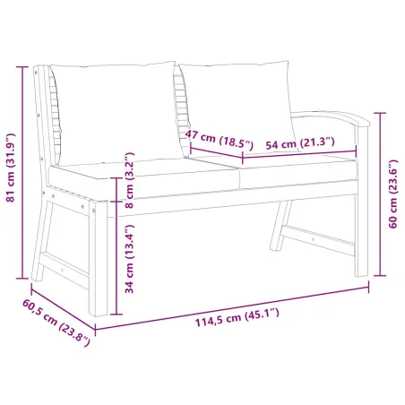Banc de jardin 114,5 cm avec coussin crème Bois solide d'acacia