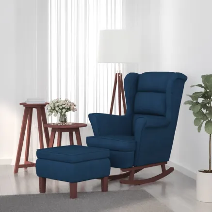 Fauteuil à bascule à oreilles en velours bleu bois massif
