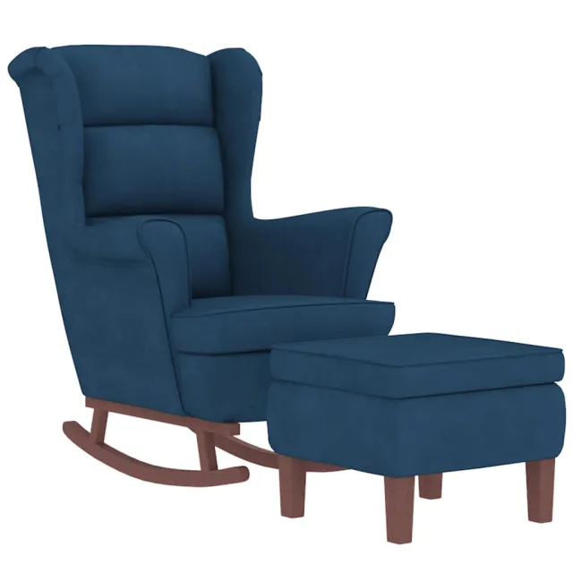Fauteuil à bascule à oreilles en velours bleu bois massif