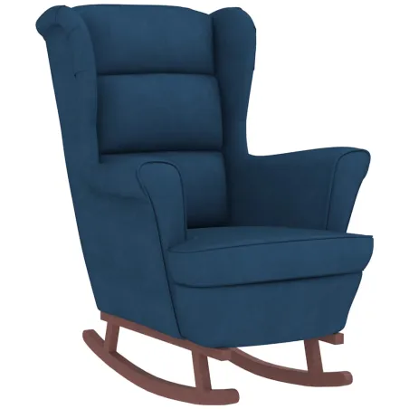 Fauteuil à bascule à oreilles en velours bleu bois massif