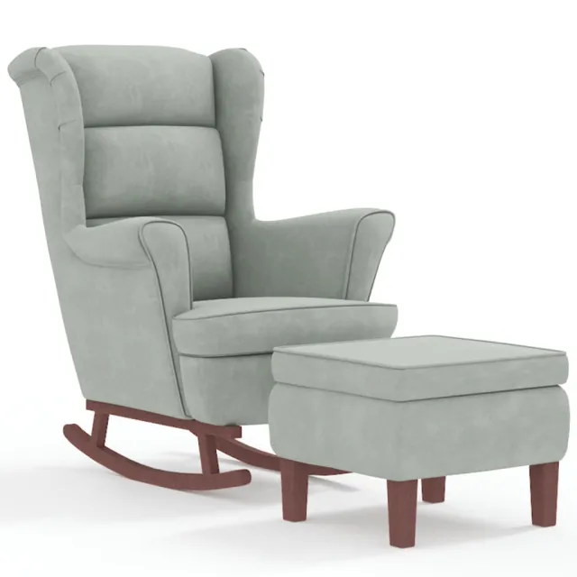 Fauteuil à bascule à oreilles en velours gris clair bois massif