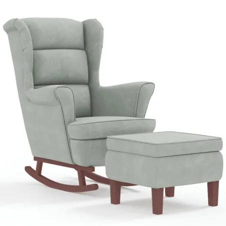Fauteuil à bascule à oreilles en velours gris clair bois massif