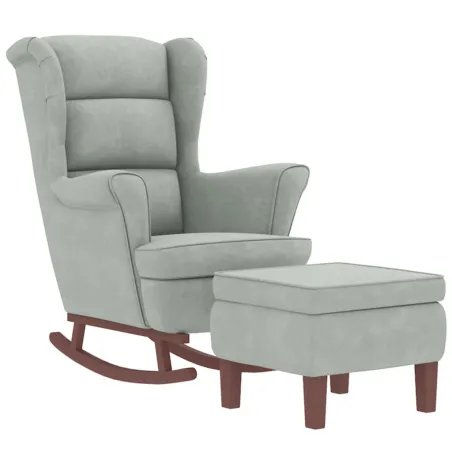 Fauteuil à bascule à oreilles en velours gris clair bois massif