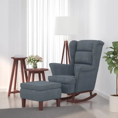 Fauteuil à bascule à oreilles en velours gris foncé bois massif