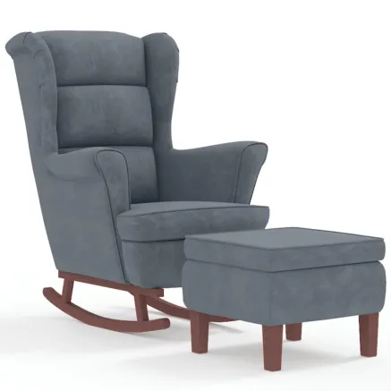 Fauteuil à bascule à oreilles en velours gris foncé bois massif 2