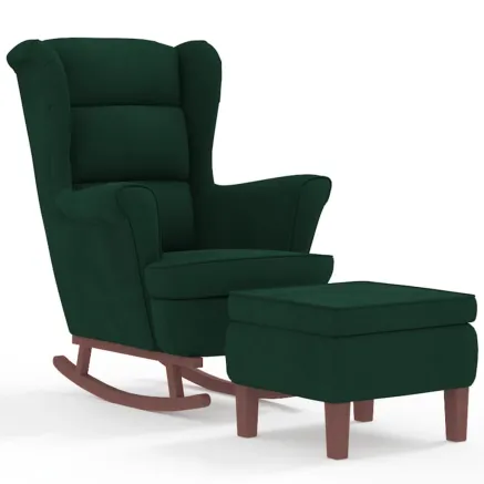 Fauteuil à bascule à oreilles en velours vert foncé bois massif 2