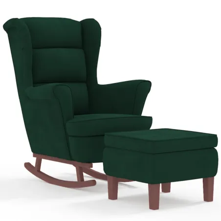 Fauteuil à bascule à oreilles en velours vert foncé bois massif