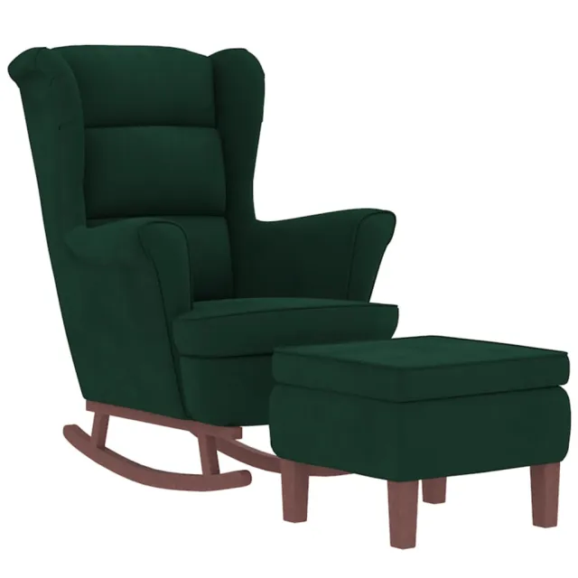 Fauteuil à bascule à oreilles en velours vert foncé bois massif
