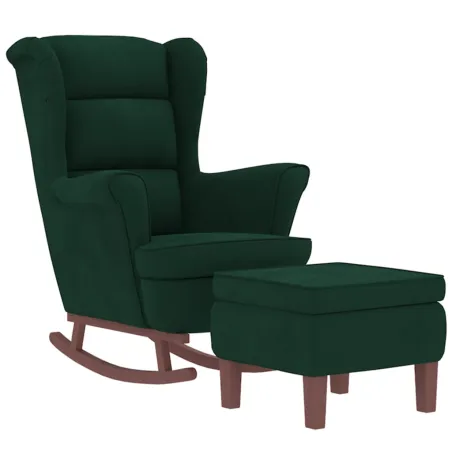 Fauteuil à bascule à oreilles en velours vert foncé bois massif