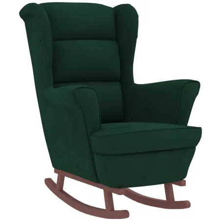 Fauteuil à bascule à oreilles en velours vert foncé bois massif