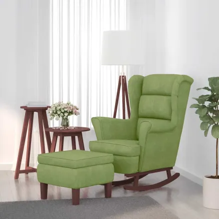Fauteuil à bascule à oreilles en velours vert clair bois massif