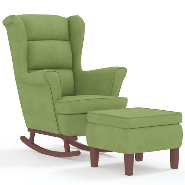 Fauteuil à bascule à oreilles en velours vert clair bois massif