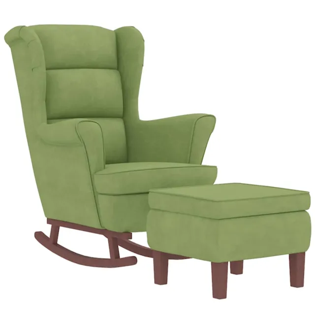 Fauteuil à bascule à oreilles en velours vert clair bois massif