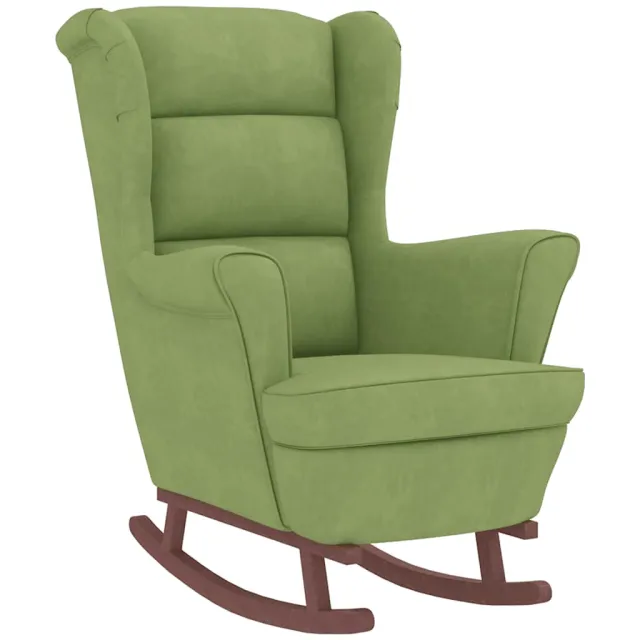 Fauteuil à bascule à oreilles en velours vert clair bois massif