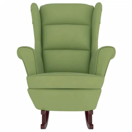 Fauteuil à bascule à oreilles en velours vert clair bois massif