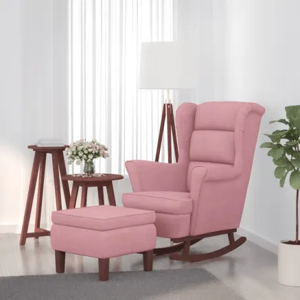 Fauteuil à bascule à oreilles en velours rose bois massif