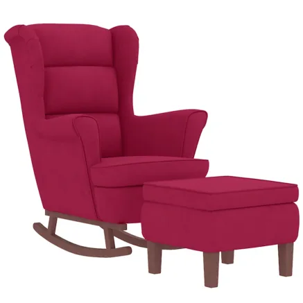 Fauteuil à bascule à oreilles en velours rouge vin bois massif 2