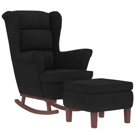 Fauteuil à bascule à oreilles en velours noir bois massif