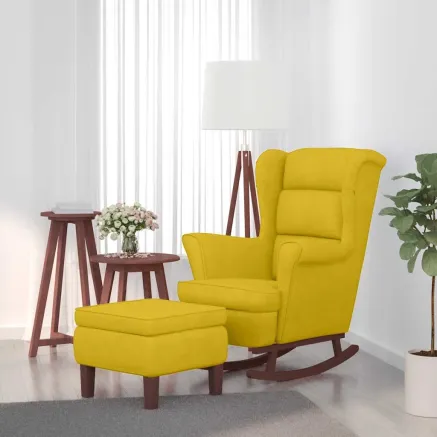 Fauteuil à bascule à oreilles en velours jaune bois massif
