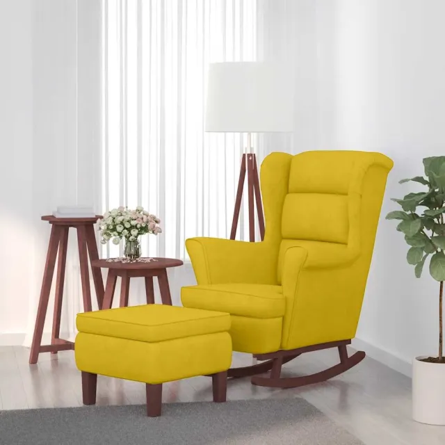 Fauteuil à bascule à oreilles en velours jaune bois massif