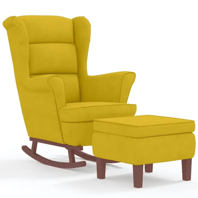 Fauteuil à bascule à oreilles en velours jaune bois massif