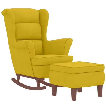 Fauteuil à bascule à oreilles en velours jaune bois massif