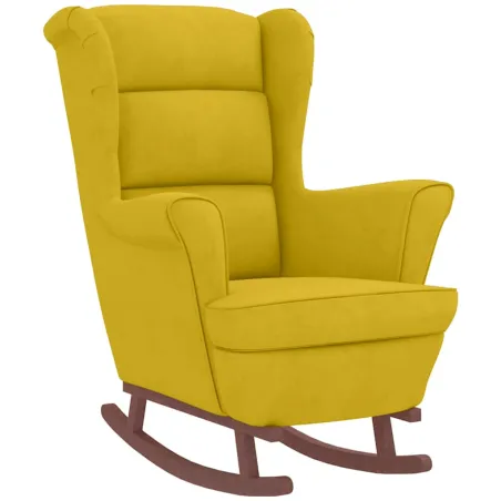Fauteuil à bascule à oreilles en velours jaune bois massif