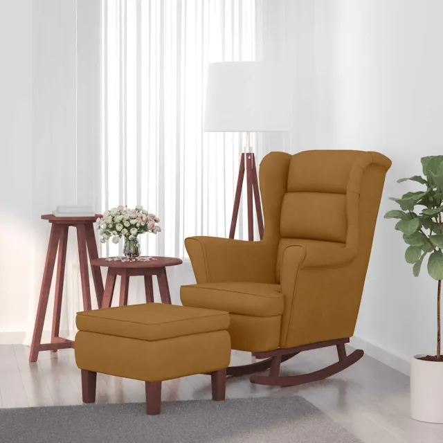 Fauteuil à bascule à oreilles en velours marron bois massif