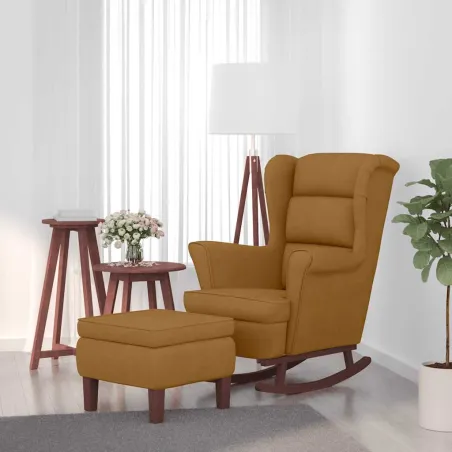 Fauteuil à bascule à oreilles en velours marron bois massif