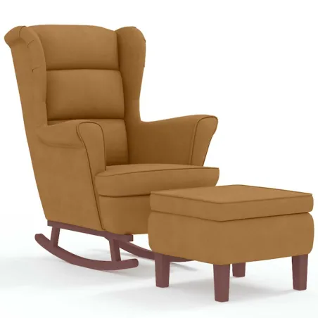 Fauteuil à bascule à oreilles en velours marron bois massif