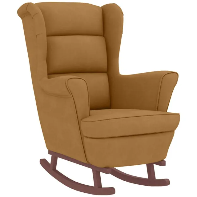 Fauteuil à bascule à oreilles en velours marron bois massif