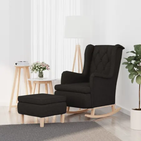 Fauteuil avec pieds à bascule et tabouret Noir Tissu