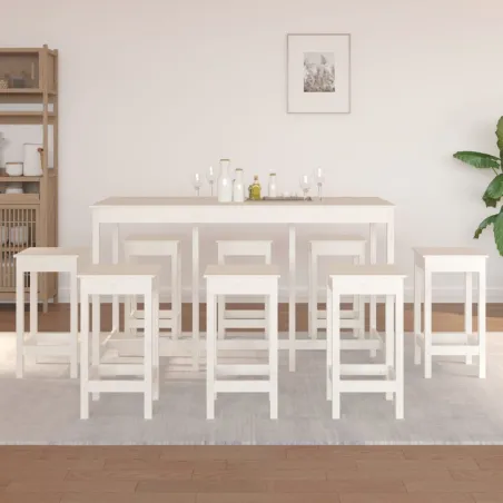 Ensemble de bar 9 pcs Blanc Bois de pin massif