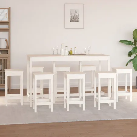 Ensemble de bar 9 pcs Blanc Bois de pin massif
