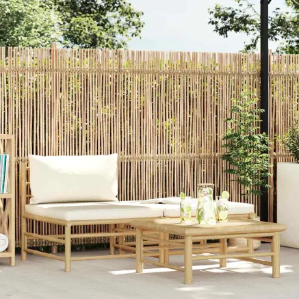 Salon de jardin 3 pcs avec coussins blanc crème Bambou