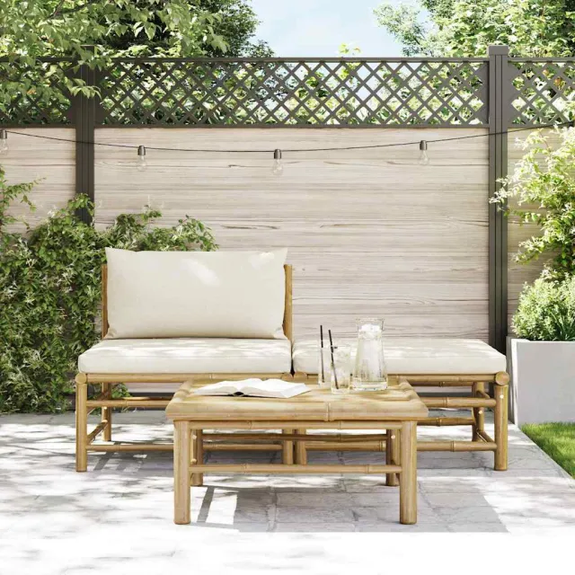 Salon de jardin 3 pcs avec coussins blanc crème Bambou