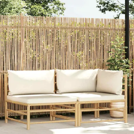 Salon de jardin 2 pcs avec coussins blanc crème Bambou