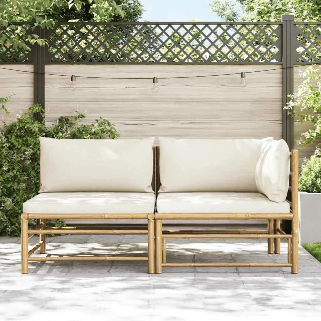 Salon de jardin 2 pcs avec coussins blanc crème Bambou