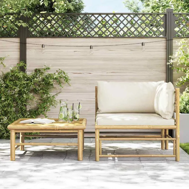 Salon de jardin 2 pcs avec coussins blanc crème Bambou
