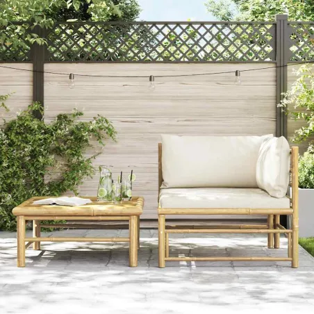 Salon de jardin 2 pcs avec coussins blanc crème Bambou