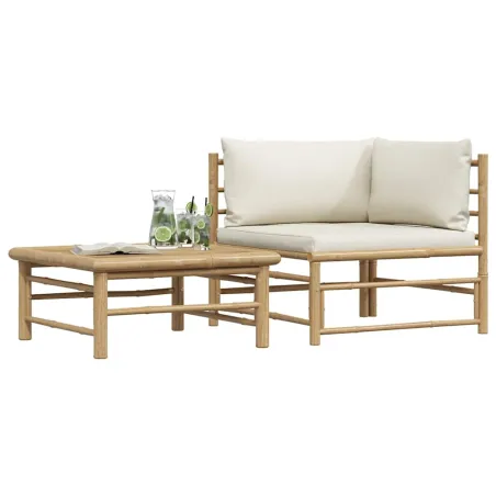 Salon de jardin 2 pcs avec coussins blanc crème Bambou