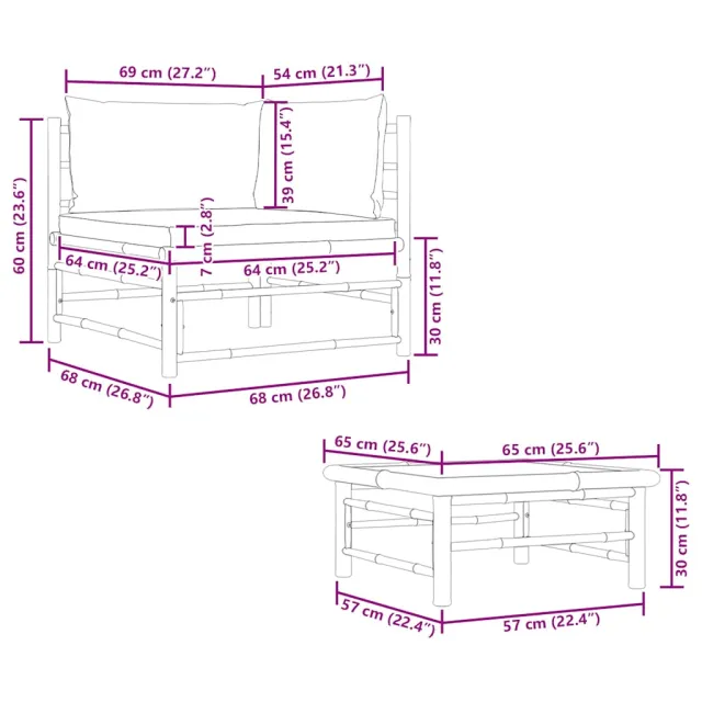 Salon de jardin 2 pcs avec coussins blanc crème Bambou