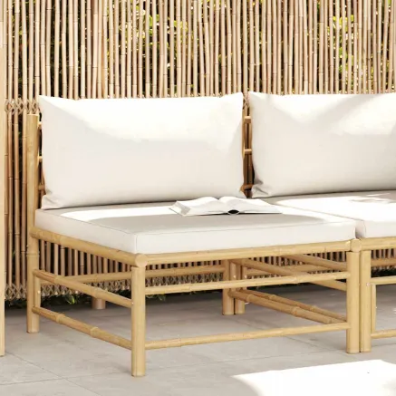 Canapé central de jardin avec coussins blanc crème Bambou