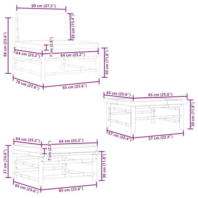 Salon de jardin 3 pcs avec coussins gris foncé Bambou